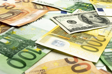 Banknote european cash. Falling money on whote isolated backgrou