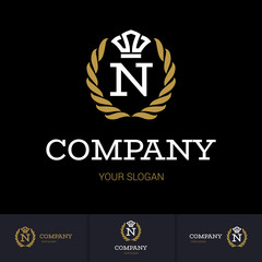 Illustration of Luxury Vintage Crest Logo with letter N in the Middle and Luxury Crown. Calligraphic Royal Emblems and Elements Logo Icon Template on Black Background