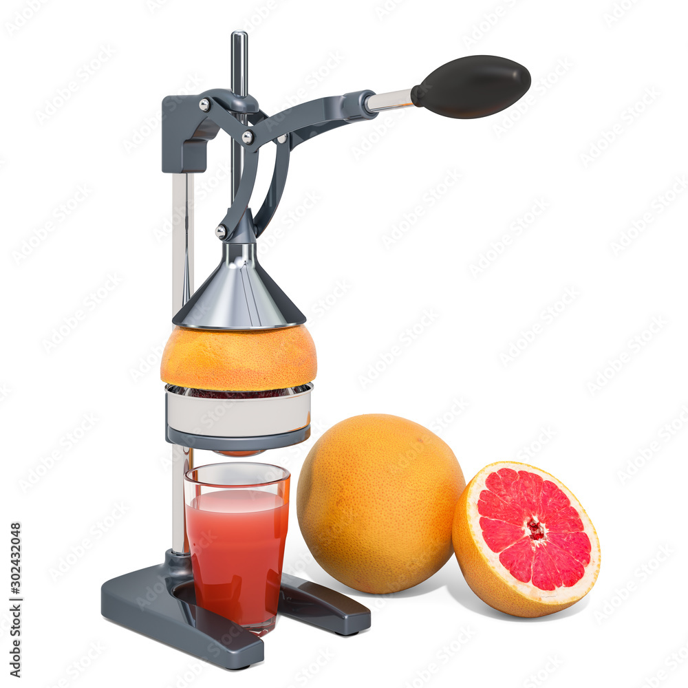 Poster manual citrus juicer with glass of grapefruit juice and grapefruits, 3d rendering