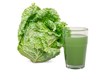 Glass of savoy cabbage juice with savoy cabbage, 3D rendering © alexlmx