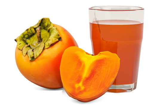 Glass of persimmon juice with persimmons, 3D rendering