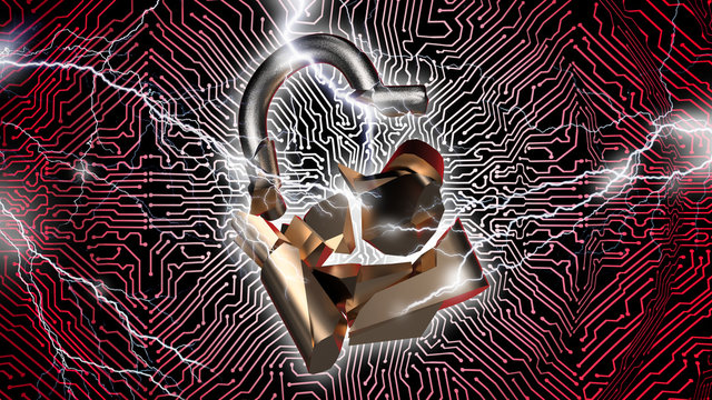 Data breach concept with broken padlock and binary code background. 3D illustration