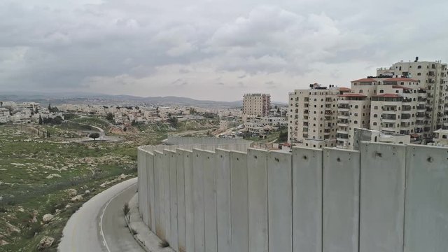 Aerial footage of the separation wall between Israel and the Palestinian Authority in Jerusalem