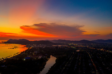 Fototapeta premium Aerial view of Sattahip city with twilight sky, Thailand