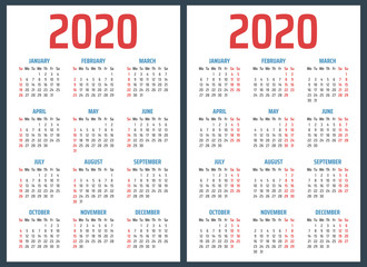 calendar for 2020 starts sunday and monday, vector calendar design 2020 year