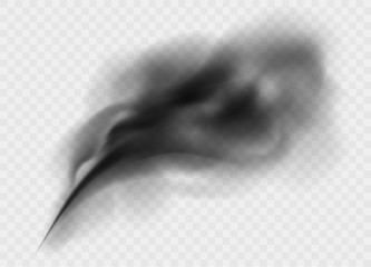 Black smoke cloud isolated on transparent background. Black cloudiness or smog. Realistic dark vector effect.