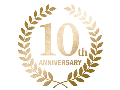 10th anniversary logo with laurel motif. Gold metallic color with hairline and metal texture.