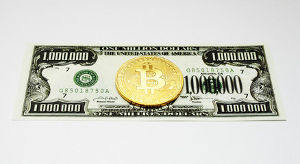 bitcoin on one million dollar bill on white background