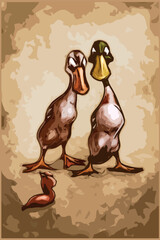 Indian Runner duck couple - ducks versus slug - cartoon funny vector image