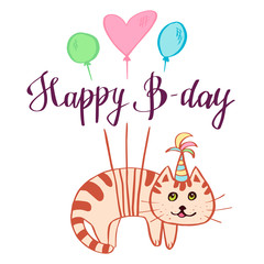 Happy birthday! Flying cat with balloons, greeting card with handwritten lettering. Colorful vector illustration isolated on the white background. Holiday theme