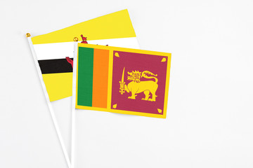 Sri Lanka and Brunei stick flags on white background. High quality fabric, miniature national flag. Peaceful global concept.White floor for copy space.