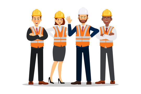 Builders dressed in protective vests and helmets. Construction worker character. Vector illustration.