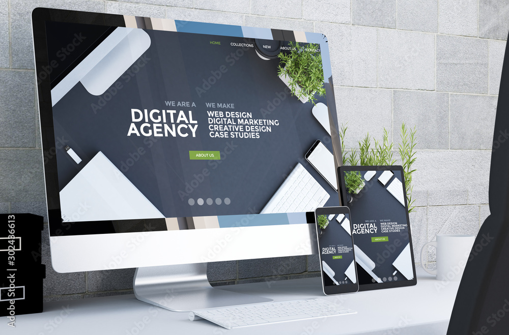 Poster responsive devices showing responsive digital agency website on desktop