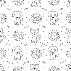 Cute Dogs and Cats and Pet Food Seamless pattern. Hand drawn Doodle Cartoon Animals Background for Kids. Funny Puppy and Kitten. Pet Shop background. Vector Pets Sketch