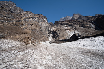 Fototapeta na wymiar Cruel path,Snow in Himalaya Annapurna mountain base camp, Nepal.