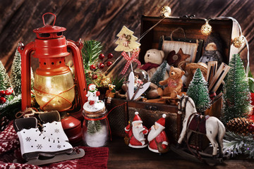 vintage style Christmas still life with old toys and decors