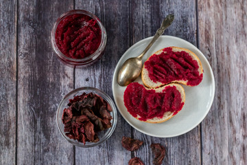 Natural, homemade beetroot jam, with vanilla and sugar. Healthy food, vegetarianism.