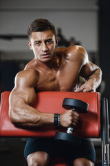 Handsome strong athletic men pumping up biceps muscles workout fitness and bodybuilding concept background - muscular bodybuilder fitness men doing arms exercises in gym naked torso.