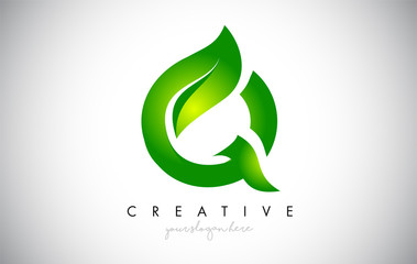 Q Leaf Letter Logo Icon Design in Green Colors Vector Illustration.