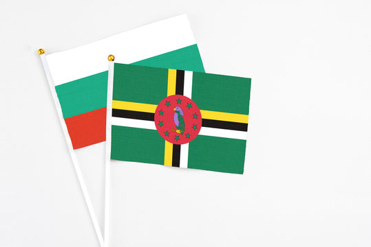 Dominica and Bulgaria stick flags on white background. High quality fabric, miniature national flag. Peaceful global concept.White floor for copy space.