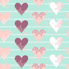 Seamless pattern with hearts and stripes on artificially aged mint color background. Hearts of white, pink and purple with mandala elements.