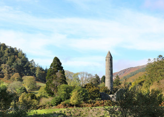 Fototapeta na wymiar View of the round tower. Glendaloh in the fall. Ireland.