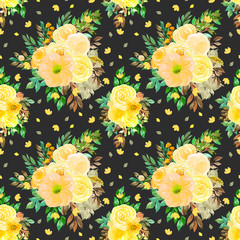 yellow floral seamless pattern with bouquet of flowers