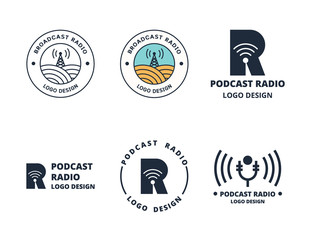 Broadcast radio logo template. Podcast radio. Vintage logos vector. Vector set of radio logos, icons, signs isolated on white background. 