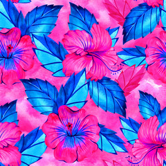 Seamless hibiscus summer fashion floral pattern. Tropical flowers and exotic leaves. Watercolor illustration on neon rainbow background