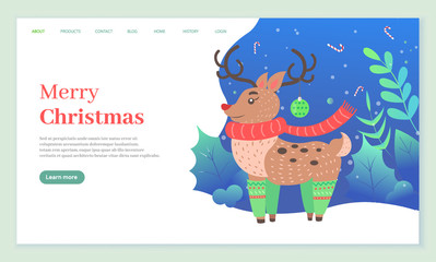 Merry christmas vector, winter landscape with trees and foliage. Deer wearing warm clothes. Reindeer in socks with horns decorated with bauble toy. Website or webpage template, landing page flat style