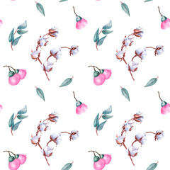 A trendy and tender watercolor pattern of blue-green sprigs of eucalyptus, pink eucalyptus flower and cotton. Hand drawn isolated on a white background.