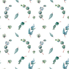 Obraz na płótnie Canvas Trendy and delicate watercolor pattern of blue-green sprigs of eucalyptus and leaves. Hand drawn isolated on a white background.