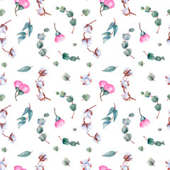 Fototapeta premium A trendy and tender watercolor pattern of blue-green sprigs of eucalyptus, pink eucalyptus flower and cotton. Hand drawn isolated on a white background.