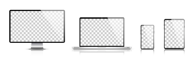 Realistic set of monitor, laptop, tablet, smartphone with shadow vector illustration. EPS 10