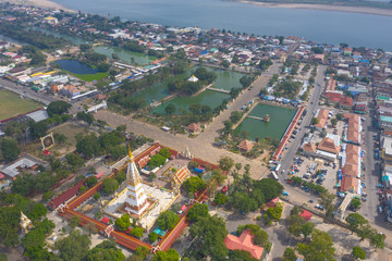 Fototapeta premium Aerial view shot of Wat Phra That Phanom in That Phanom District at Nakhon Phanom Province - Thailand.
