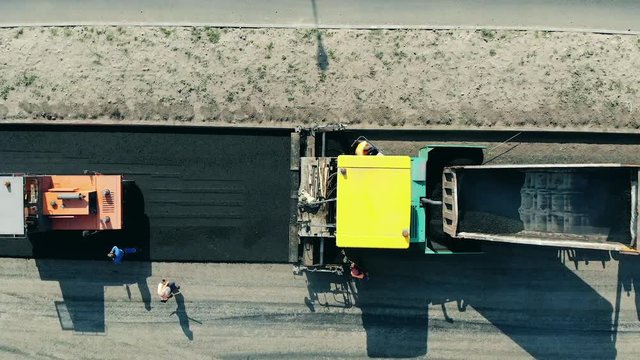 Road making process in a view from above
