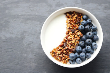 Bowl of homemade granola with yogurt and fresh berries