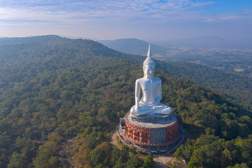Aerial view shot of Largest buddha statue at Mukdahan in Thailand.