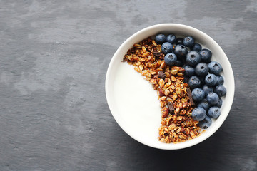 Bowl of homemade granola with yogurt and fresh berries