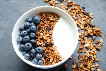 Bowl of homemade granola with yogurt and fresh berries