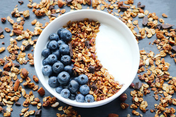 Bowl of homemade granola with yogurt and fresh berries