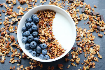 Bowl of homemade granola with yogurt and fresh berries