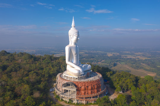 Aerial view shot of Largest buddha statue at Mukdahan in Thailand.