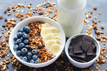 Bowl of homemade granola with yogurt and fresh berries
