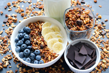 Bowl of homemade granola with yogurt and fresh berries