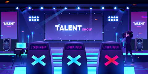 Talent show stage with jury chairs rear view, empty scene with neon spotlights illumination, huge screen and video operator with camera for recording television competition Cartoon vector illustration