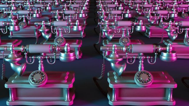 span of the camera over the even rows of antique telephones in neon light 3d animation
