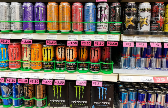Cans of Energy drinks on a store shelf
