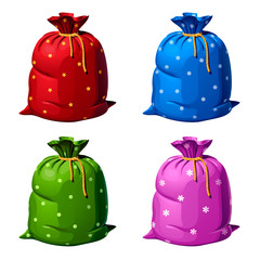 A set of four colored gift bags made of fabric decorated with patterns. Vector isolated illustration on a white background.