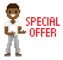 Obraz premium Special offer white page, man with dark skin shooting, portrait view of smiling male character, geometric person, pixel game, pixelated hero vector
